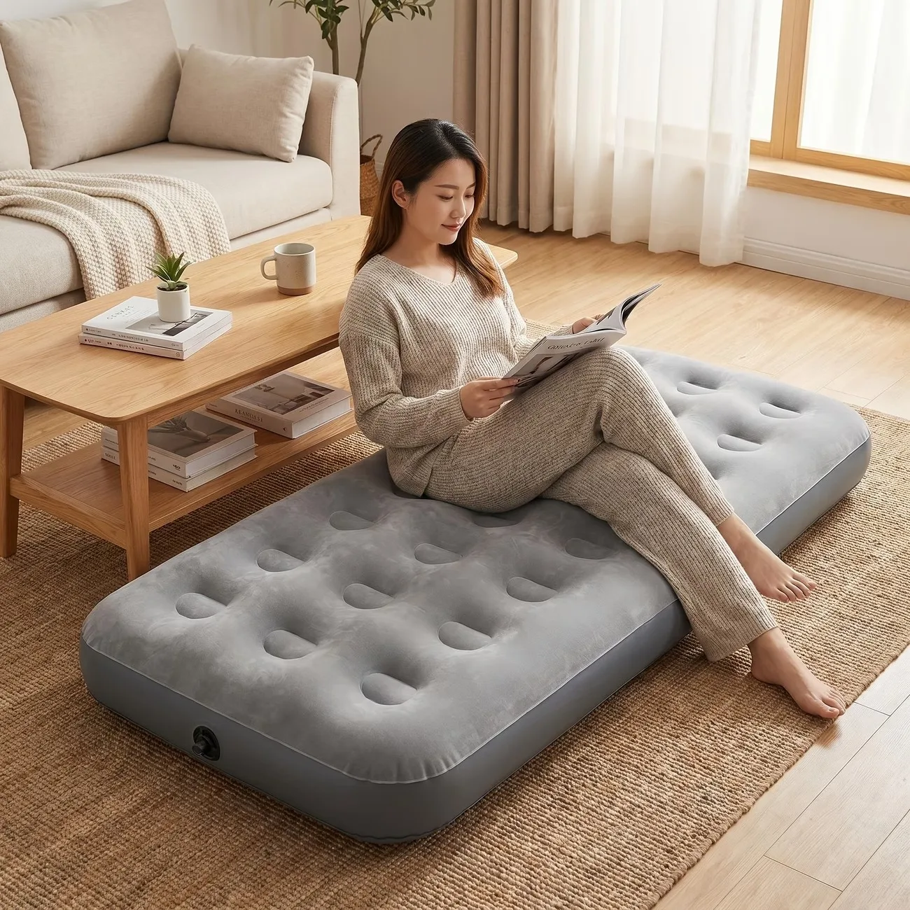 1PCS Heavy-Duty Portable Air Mattress,Soft Velvet Surface Inflatable Mattress,Blow Up Bed,Flocked Single Air Bed Sleeping Pad
