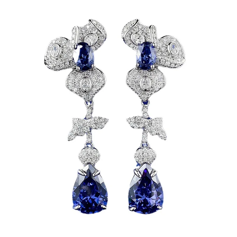 S925 Silver Live New 9 * 13 Pear shaped Tanzanian Blue Grand Full Diamond Earrings Light Luxury Premium Earrings