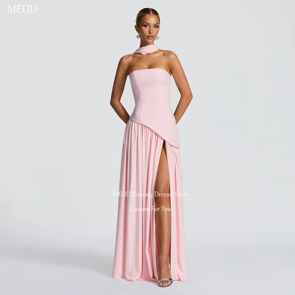 

MEOD Elegant Chiffon A line Robe De Soiree Pink Strapless High Slit Prom Gown Floor Length Backless Robes De Soirée Customized