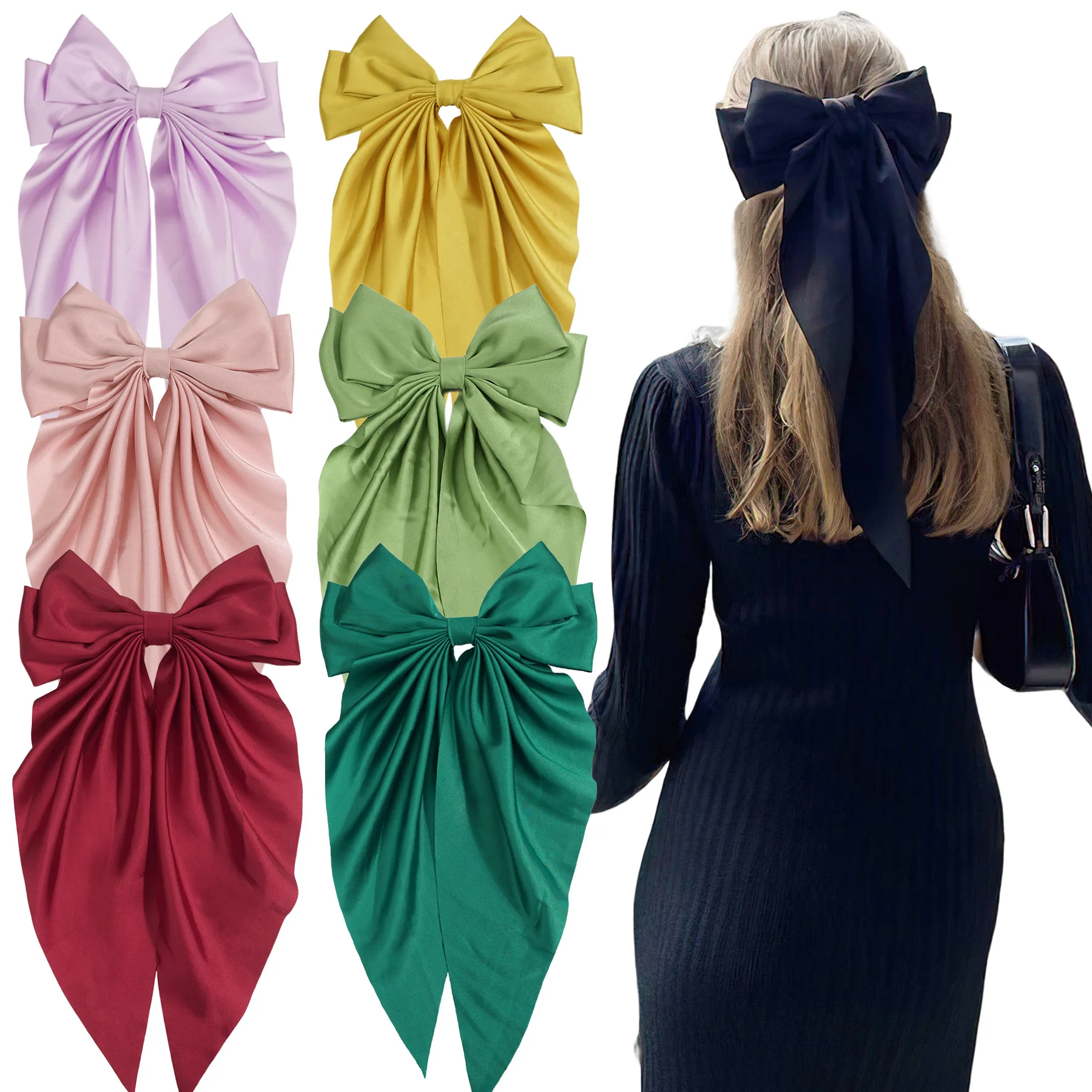 

Factory Direct Big Size Ribbon Bow Hair Clip Fairy Sweet Style Headwear Fashion Solid Satin Spring Clip Simple Hairpin For Women