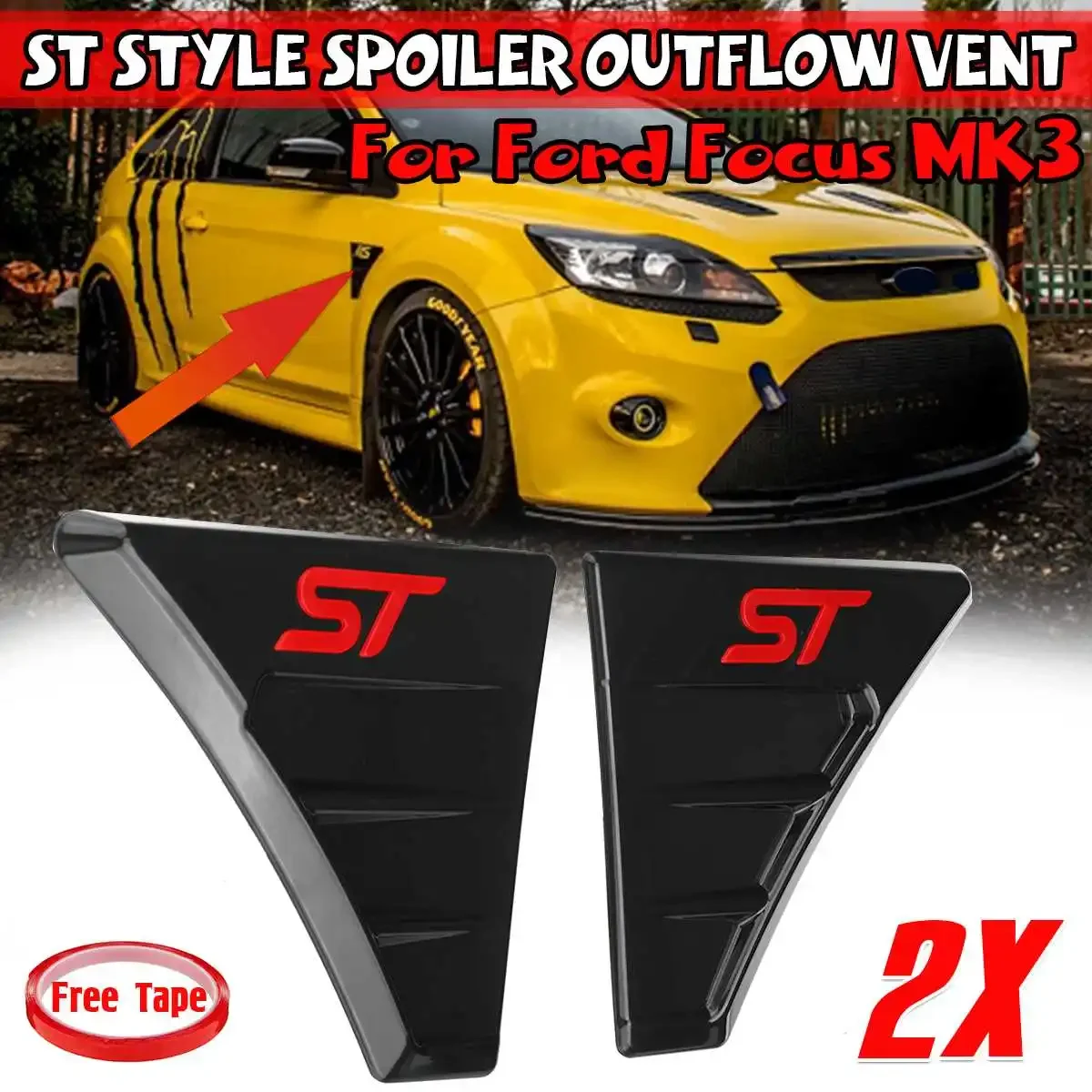 ABS ST Style Car Side Vent Fender Spoiler Outflow Vent Side Vent Fender Air Flow Wing Fender Cover Trim For Ford For Focus MK3