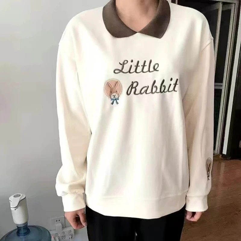 ผู้หญิงฤดูใบไม้ผลิฤดูใบไม้ร่วง Pulloverturn-Down COLLAR การ์ตูนปักโคมไฟแขนยาว Hoodies Office Lady เสื้อแฟชั่น