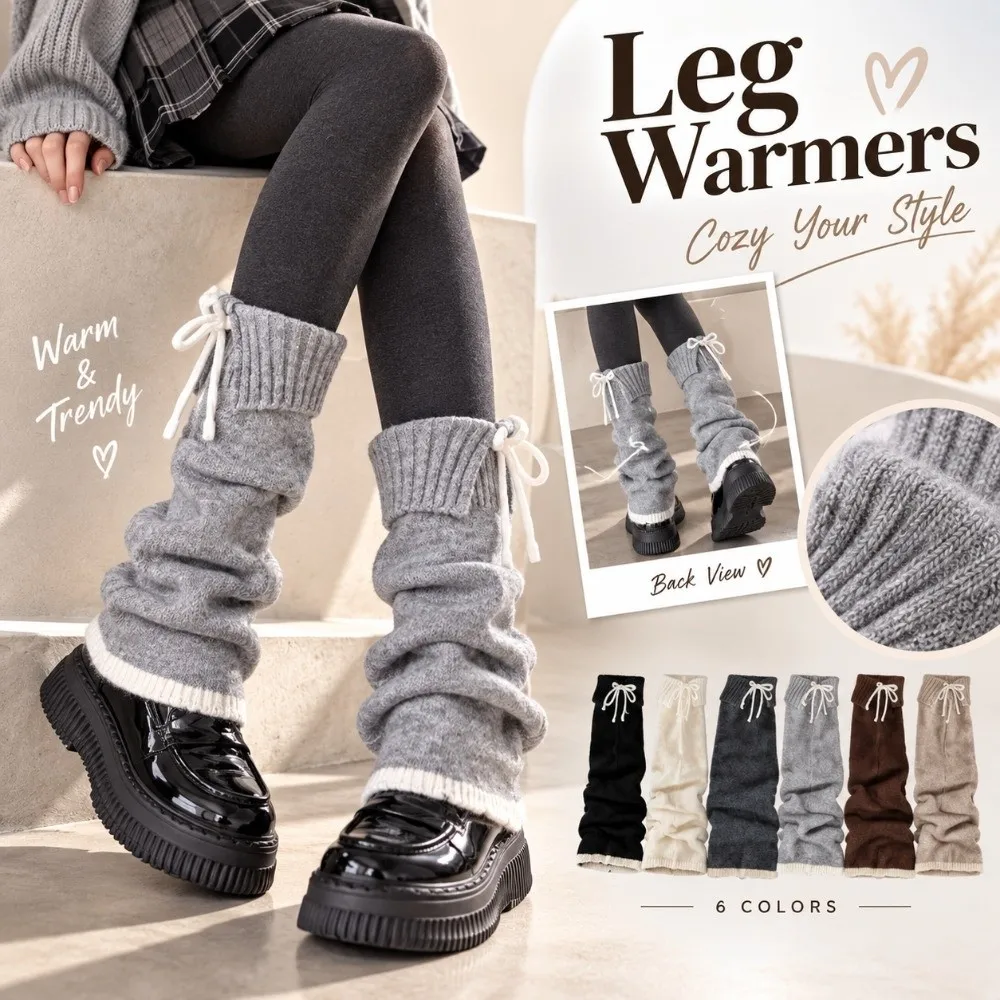 1 Pair New Thick Knit Leg Warmer Warm Ribbed Cuff Knit Leg Sleeve Bow Accent Stacked Fit Calf Warmer Daily Winter Outfit Styling
