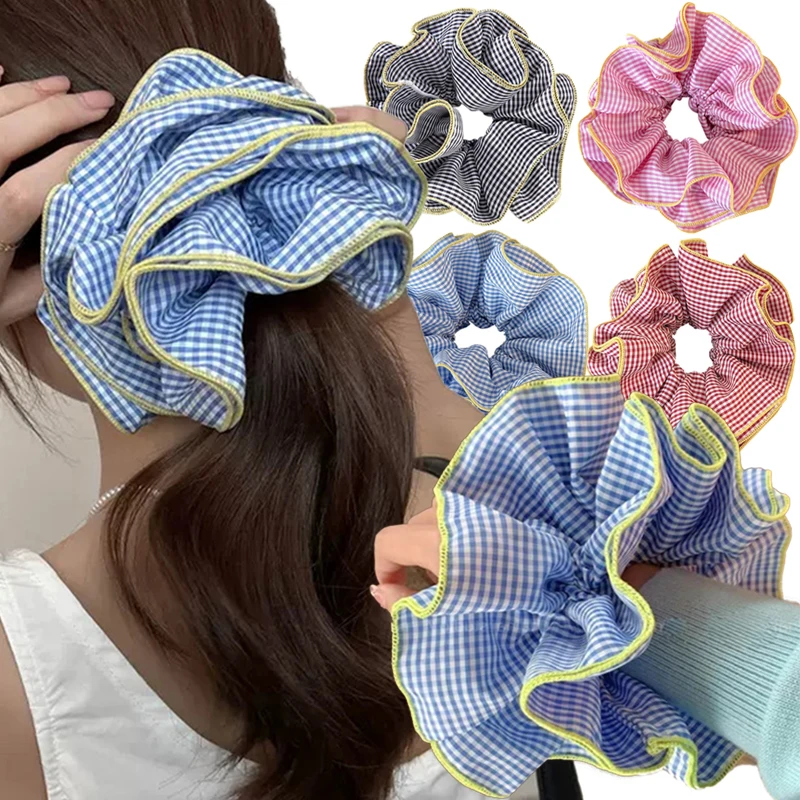 

Retro Colorful Lattice Ruffles Hair Scrunchies Ponytail Holders Headbands for Womens Girls Sweet Hairs Rubber Band Accessories