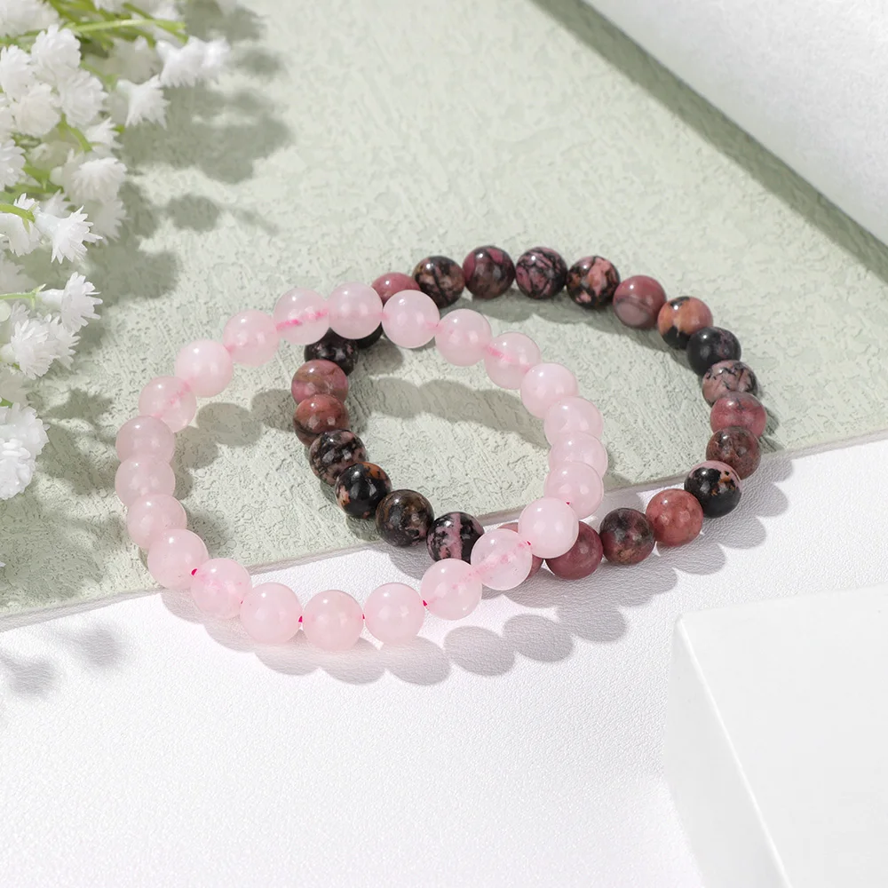 Trendy Pink Cat Eye Stone Bracelets Set For Women Natural Rhodochrosite Bracelet Set Healing 8mm Beaded Bracelet Female Jewelry