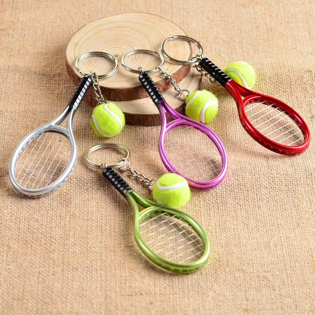 Mini Tennis Racket Key Ring with Ball Alloy Plastic Keychain Pendant Sports Gift Tennis Keyring for Daily Carry