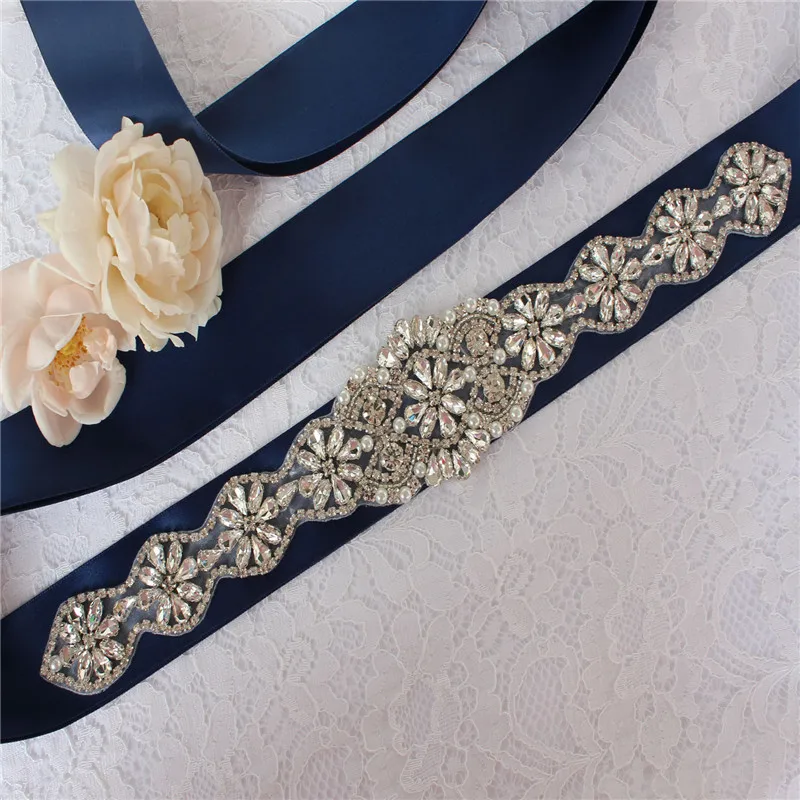 Pearls Wedding Belt Crystal Bridal Belt Sliver Rhinestones Satin Bridal Sash For Maternity Women Wedding Dress Accessories