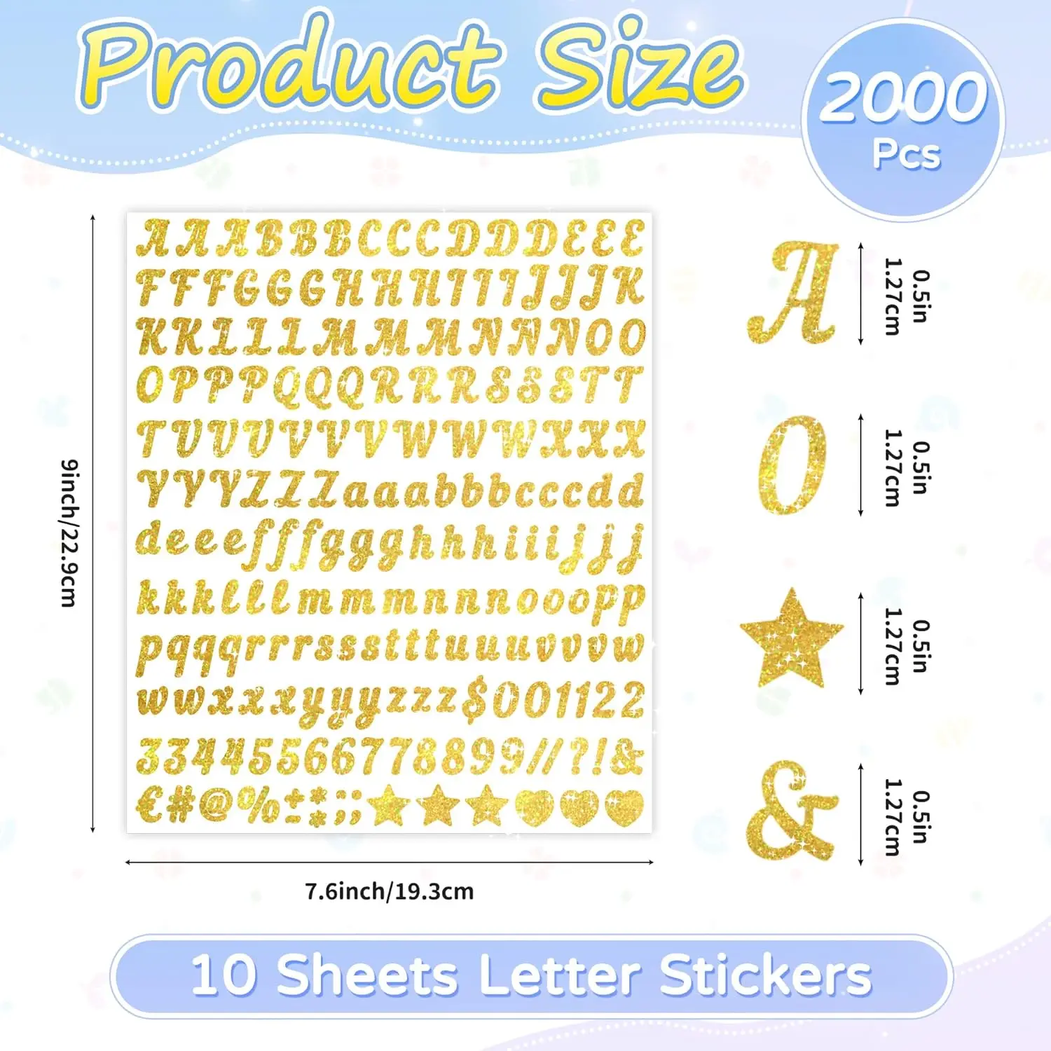2000Pcs Gold Glitter Alphabet Stickers, 0.5 Inch Self-Adhesive Waterproof Vinyl Letters & Numbers for Graduation Cap, Mailbox