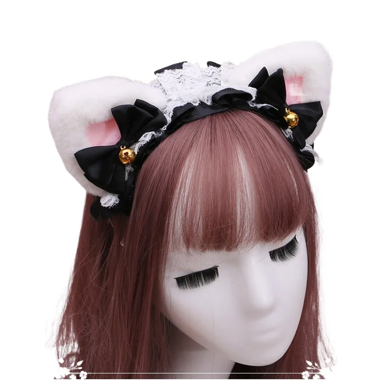 

Повязка на голову для косплея на Хэллоуин для девочек, милые аксессуары для волос в стиле японской Лолиты, плюшевый головной убор в стиле Лолиты с кошачьими ушками, кружевная повязка на голову с кошачьими ушками