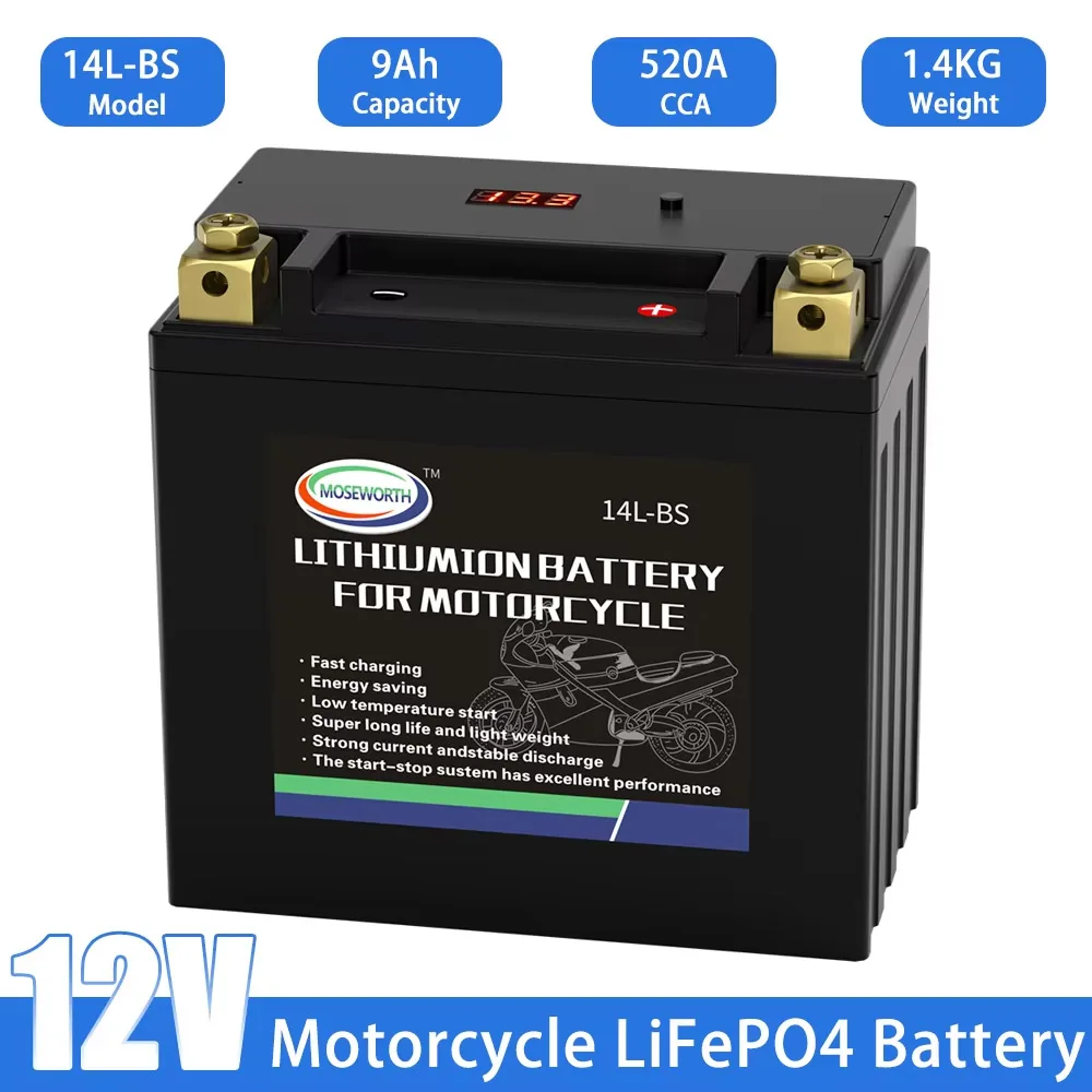 Batería de motocicleta LiFePO4 14L-BS, 12V, 9Ah, sin mantenimiento, CCA520, batería de repuesto BMS integrada para ATV, moto, moto de nieve