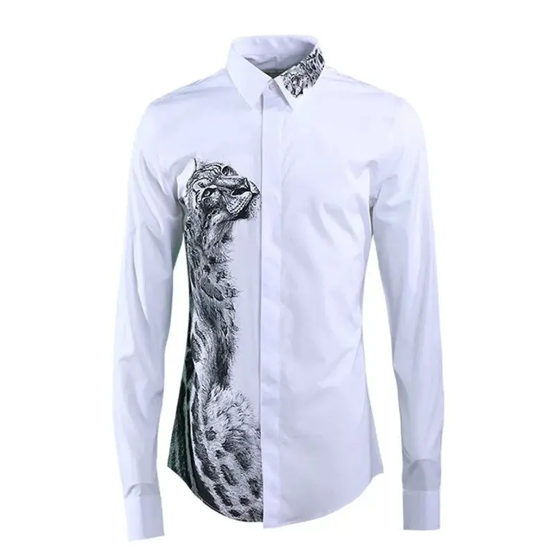 

Men shirt long sleeve spring and autumn painting leopard printed white shirts casual trend handsome fashion slim men's clothing