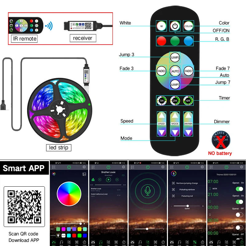 Tira de Luces Led con USB para decoración de sala de estar, lámpara de iluminación de cinta, 1M-30M, RGB, infrarrojo, Control Bluetooth, luminosa,