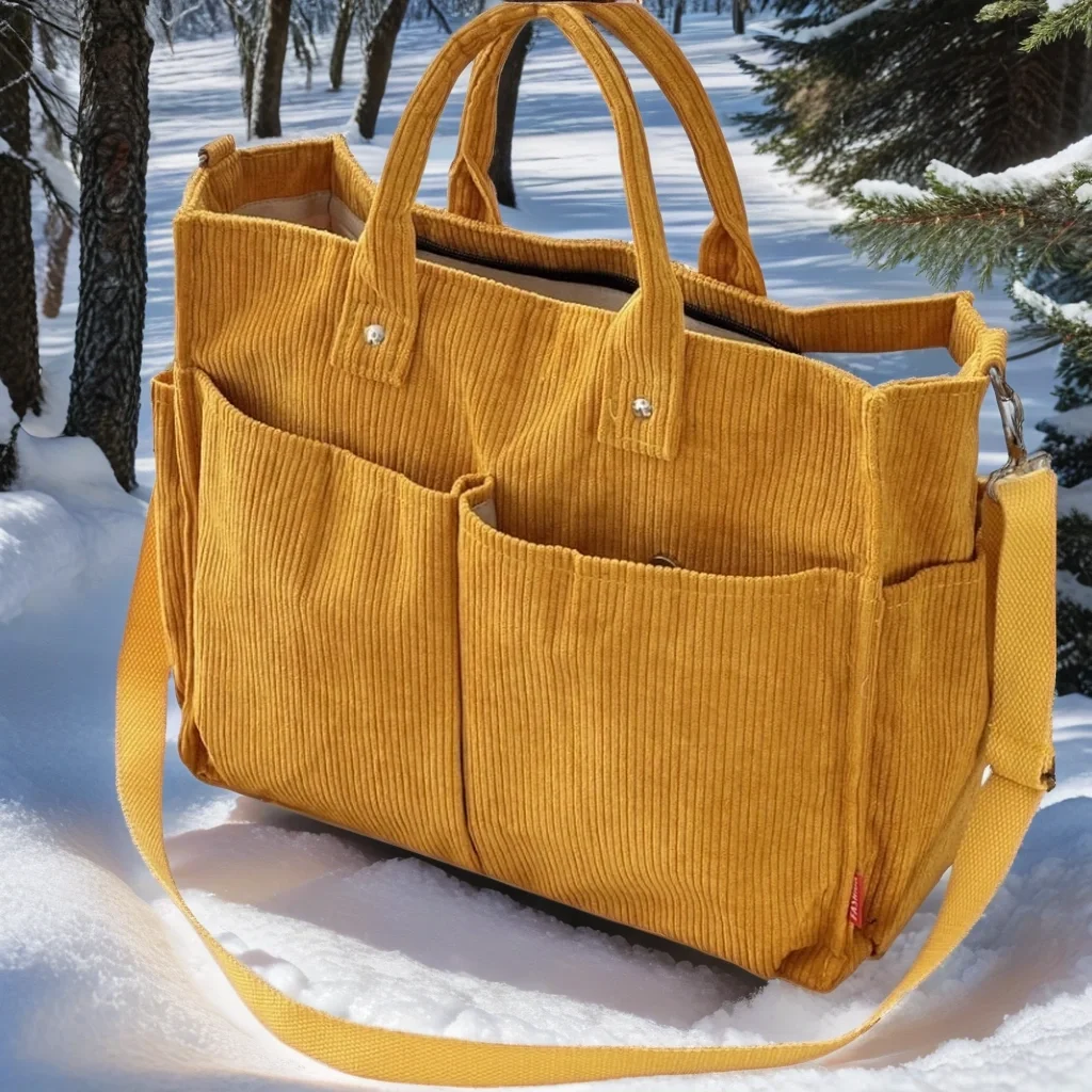 Corduroy Shoulder Bag with Pockets-Corduroy Shoulder Bag with Zipper-Corduroy Shoulder Bag with Flap-Bag with Magnetic Closure