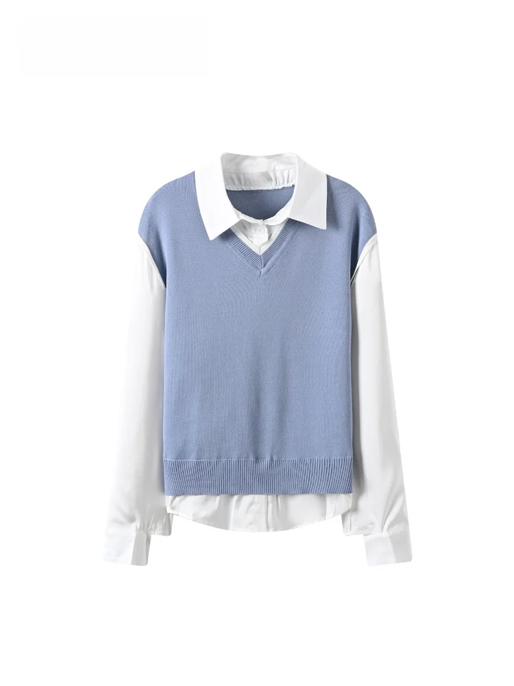 

plus Size Ne Long Sve irt Women's Autumn Winter New Sle College Sle Top Fake Two-Piece Knitted Polyester