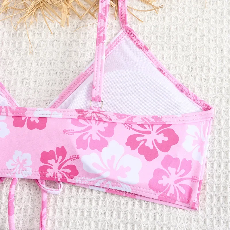Pink Floral Print Mid Waist Bikinis Women 2024 Cut Out Two Pieces Swimsuit Beach Wear Separate Bikini Set Swim Bathing Suits
