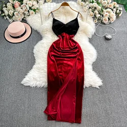 Sexy Elegant V-neck Sleeveless Hotsweet Split Velvet Slim Straps Pencil Long Dress Streetwear High Street Autumn Winter Clothing