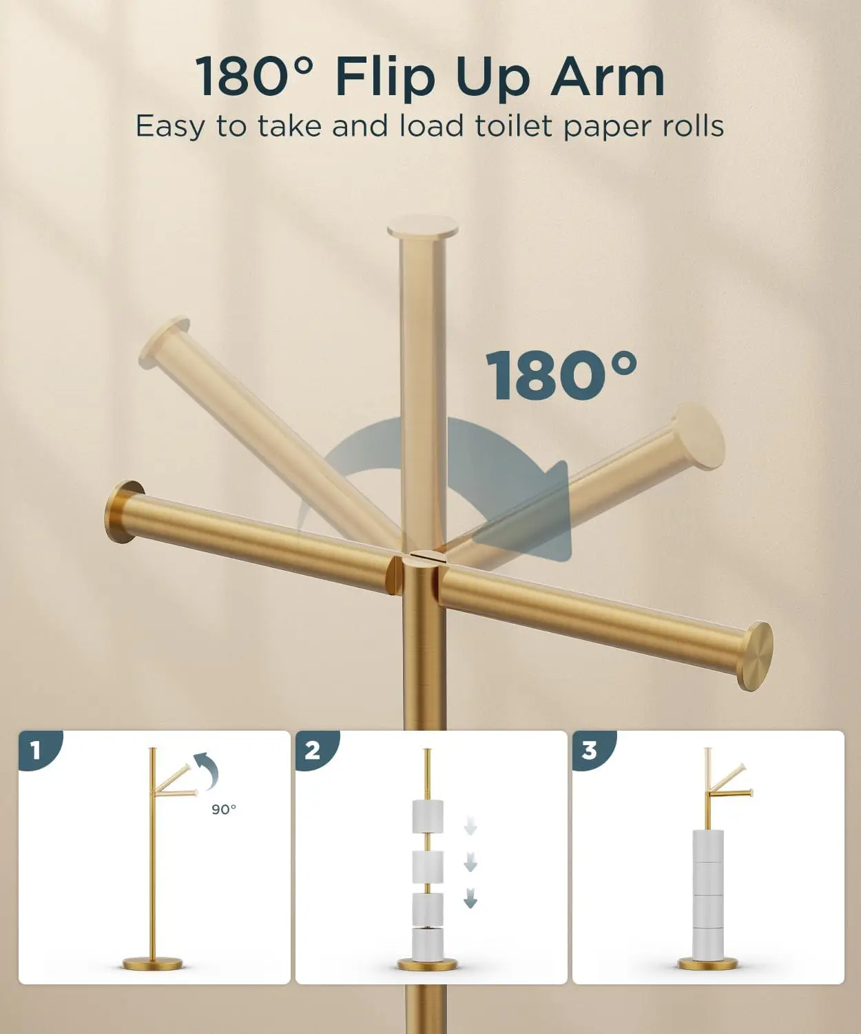 حامل ورق تواليت حديث قائم بذاته، مصنوع من الفولاذ المقاوم للصدأ المتين مع قاعدة مرجحة، يحمل 4 لفات باللون الذهبي المصقول