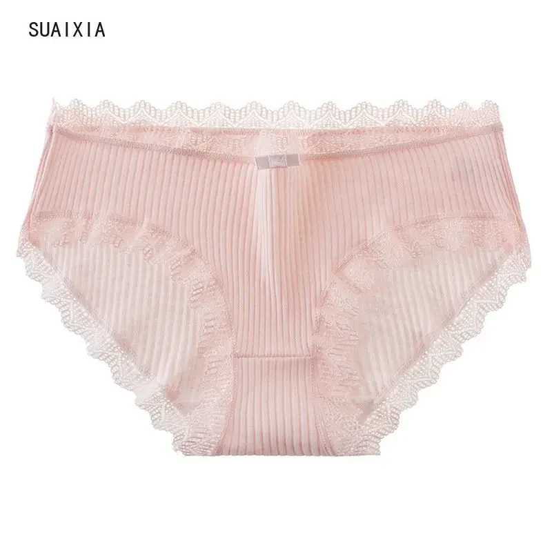 2024 Casual Fashion Women Panties Lace Mid-waist Underwear Threaded Brief Solid Color Skin-Friendly Ladies Underpants Breathable