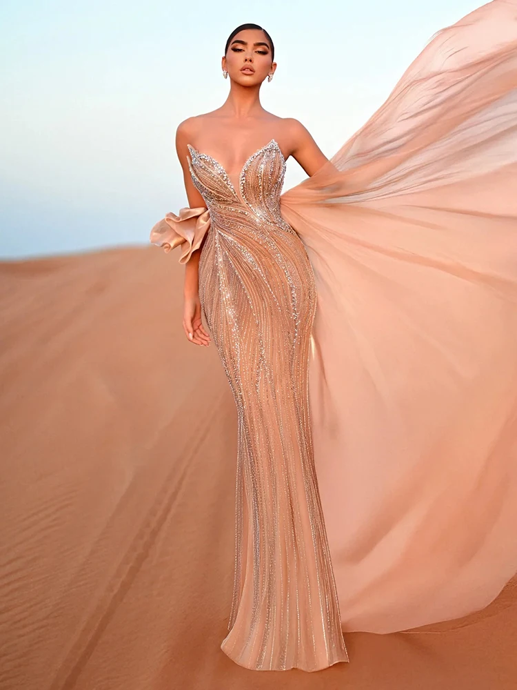 ชุดราตรีสีเบจนู้ดแบบสายเดี่ยวเปิดหลัง ประดับมุกและเลื่อม คอวี สำหรับงานปาร์ตี้