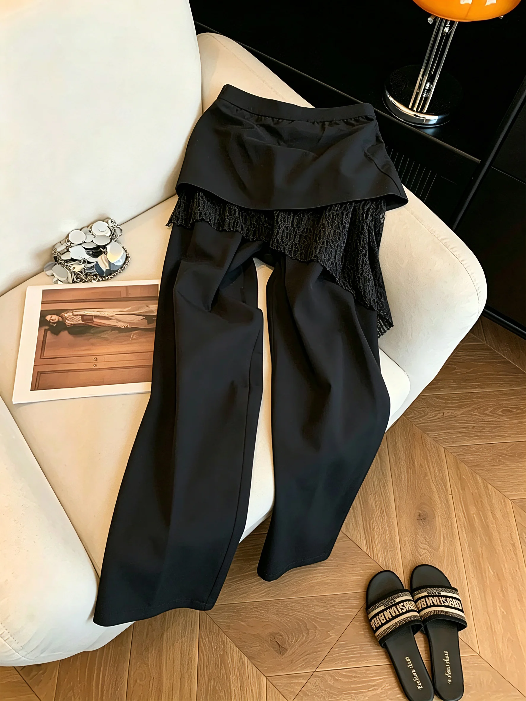 

Casual Patchwork Heavy Embellished Lace Hem Wide Leg Pants Men's Summer Unique Fake Two-Piece Slimming Trousers Asymmetrical ...