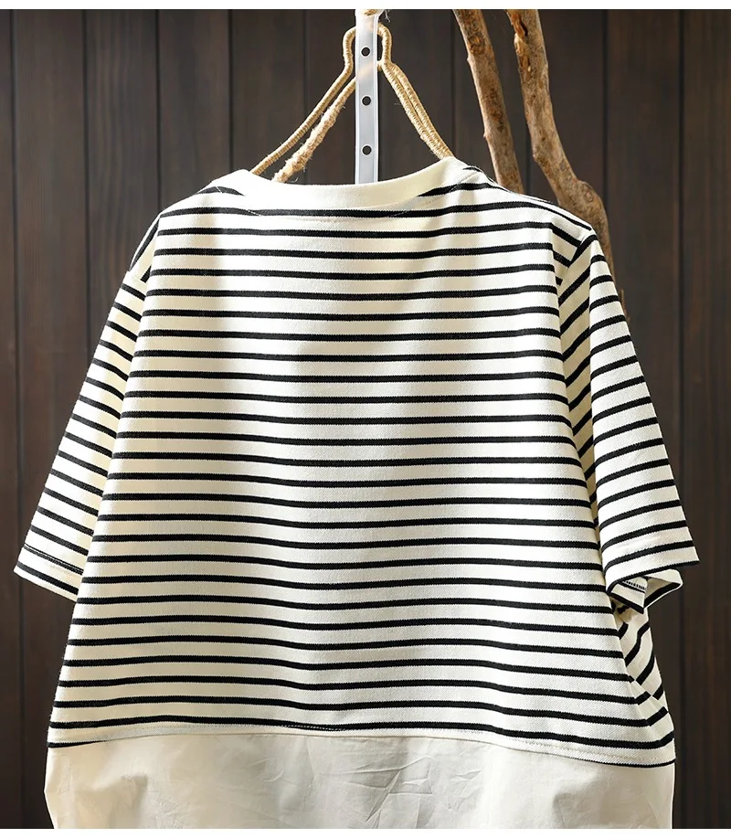 Summer New fashion Women's Drawstring Striped Splicing Knit Short Sleeve T-Shirt Loose Casual  daily Belly Tops female clothing