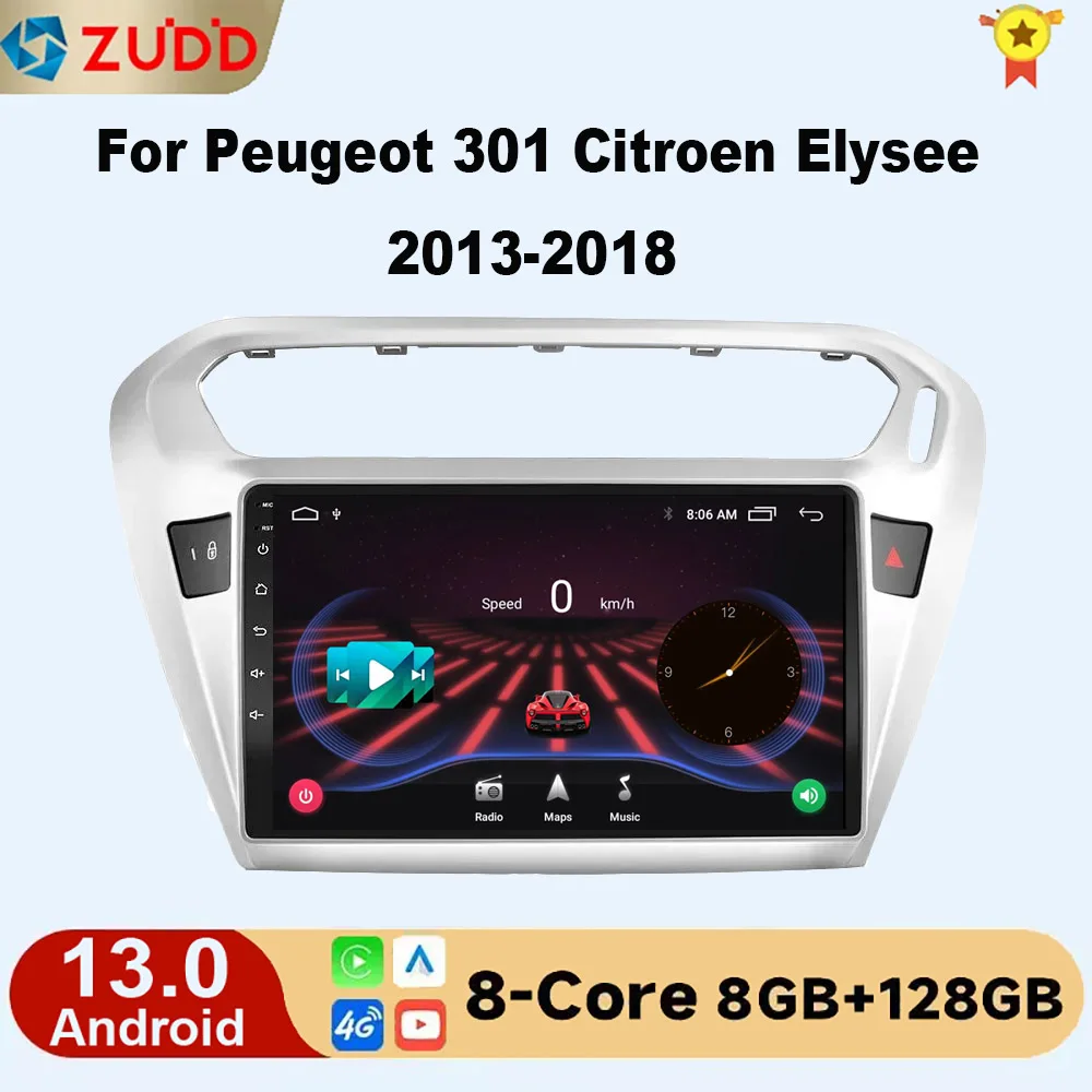 

8G+128G Android 13 Car Video Multimedia Player GPS Navigation for Peugeot 301 Citroen Elysee Radio 2013-2018 2 din Stereo