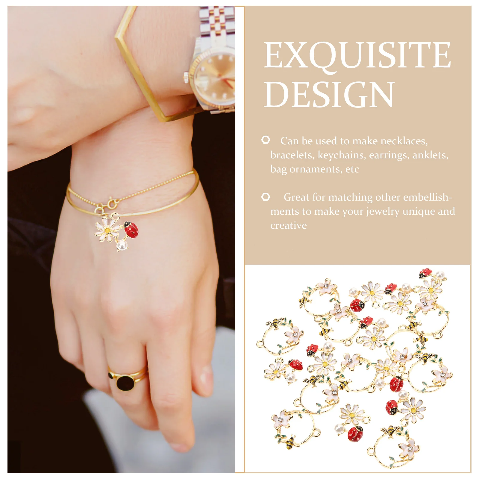 

20Pcs Ladybug Bee Charm Set DIY Jewelry Making Accessories for Necklaces Bracelets Earrings Keychains Creative Flower Charms