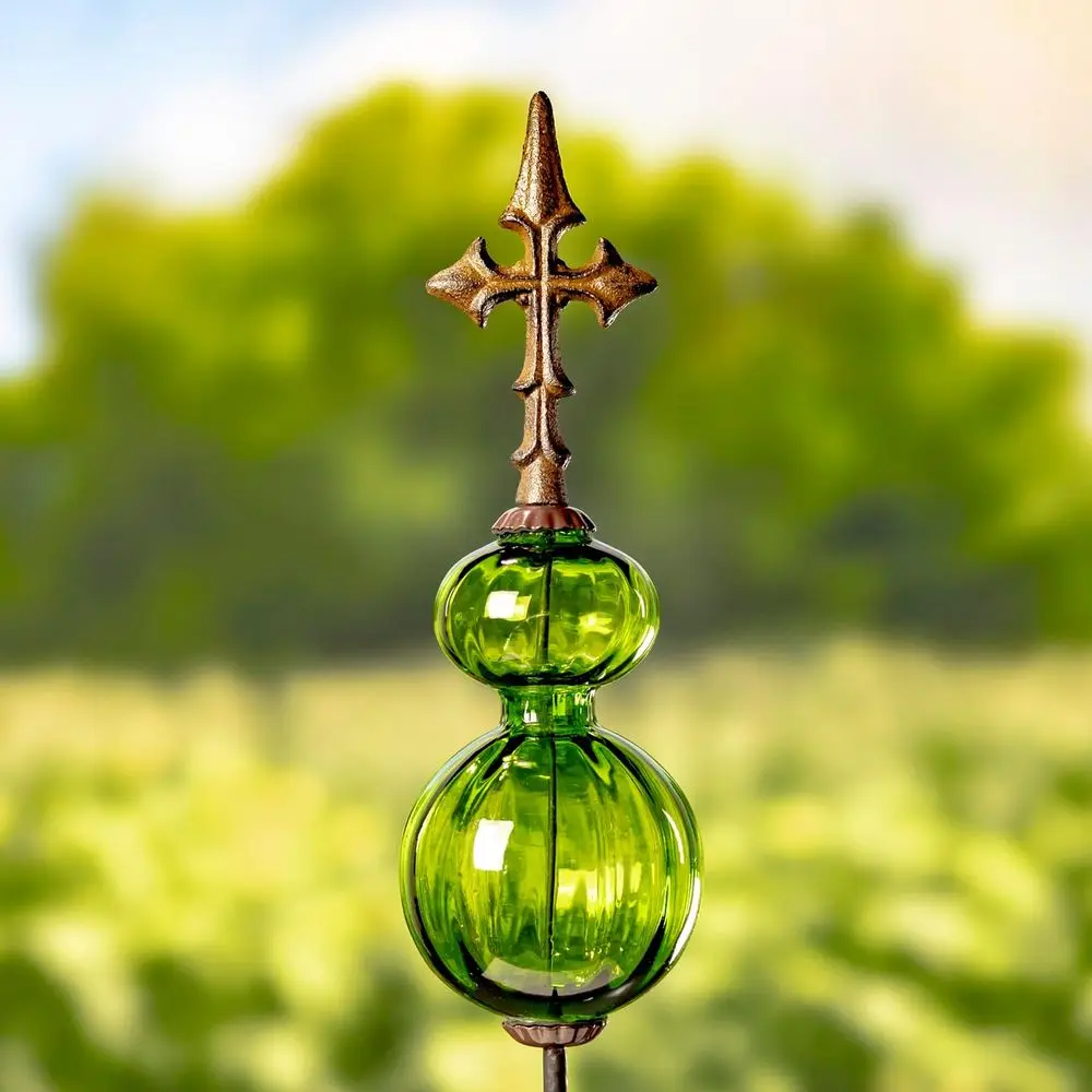 Set of 6 Decorative Glass Garden Stakes with Cast Iron Finials - view 3