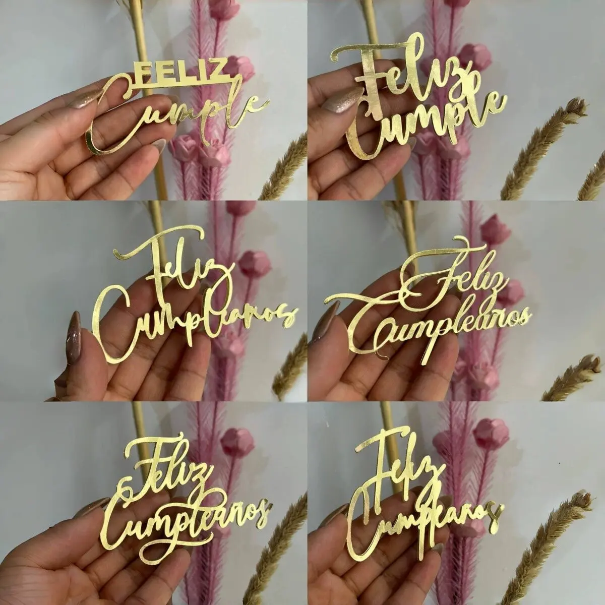 3pcs/6pcs Feliz Cumple Cake Topper, Spanish Happy Birthday Cake Decor, Gold Acrylic Cake Topper for Birthday Party Supplies
