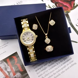 4Pcs Watch Jewelry Set Women Luxury Fashion Rhinestone Diamond Watches Exquisite Square Sparkling Zircon Jewelry Gift With Box