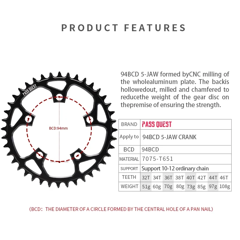 PASS QUEST 94 BCD (5-bolt) ROUND Narrow Wide Chainring crankset mtb
