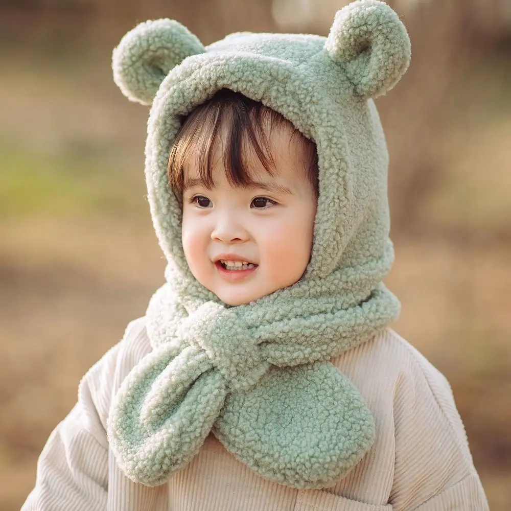 Fashion Cartoon Bear Ears Baby Hat Scarf Warm Neck Windproof Kids Plush Hats Plush Balaclava Scarf Set Hooded Boys Girls