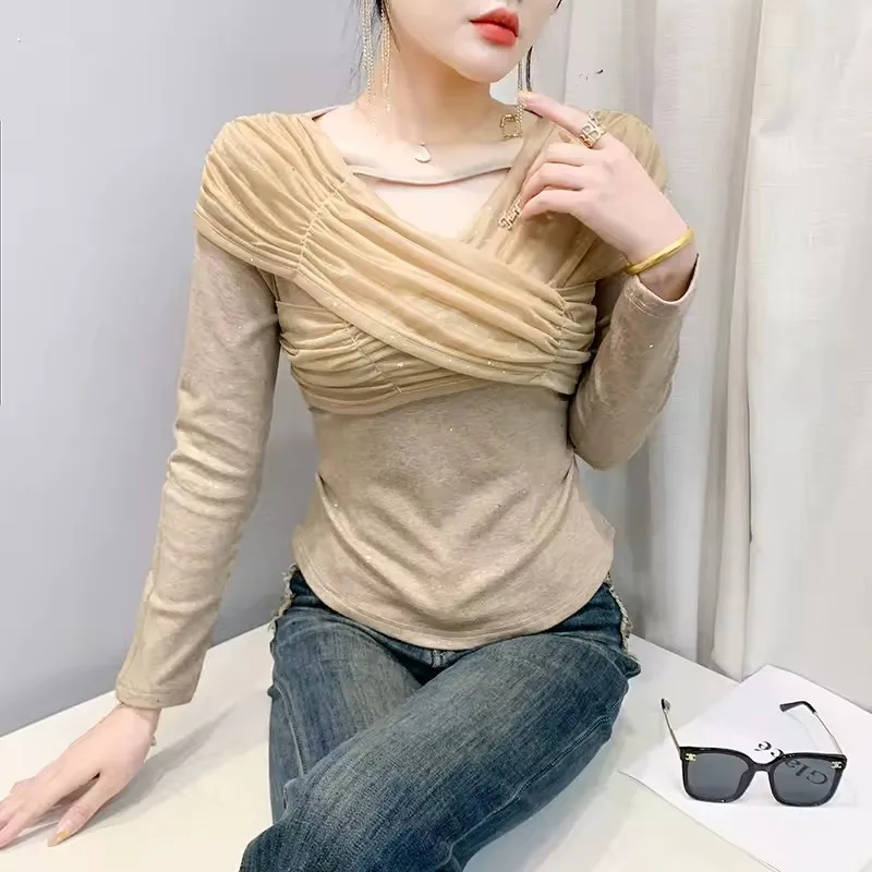 

Spring European Clothes Women Korean Fashion Shiny T-Shirt Tops Female Sexy Folded Patchwork Elegant V-Collar Shirt Tees