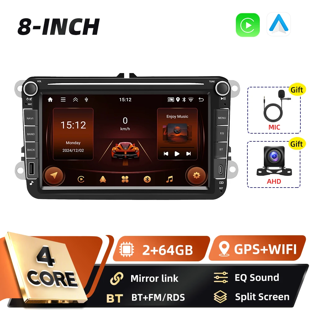 Podofo 8 inch GPS 6+128GB 2DIN autoradio voor VW Volkswagen SAGITAR JATTA JETTA Seat Altea Carplay FM/RDS Android Auto Mirror Link BT