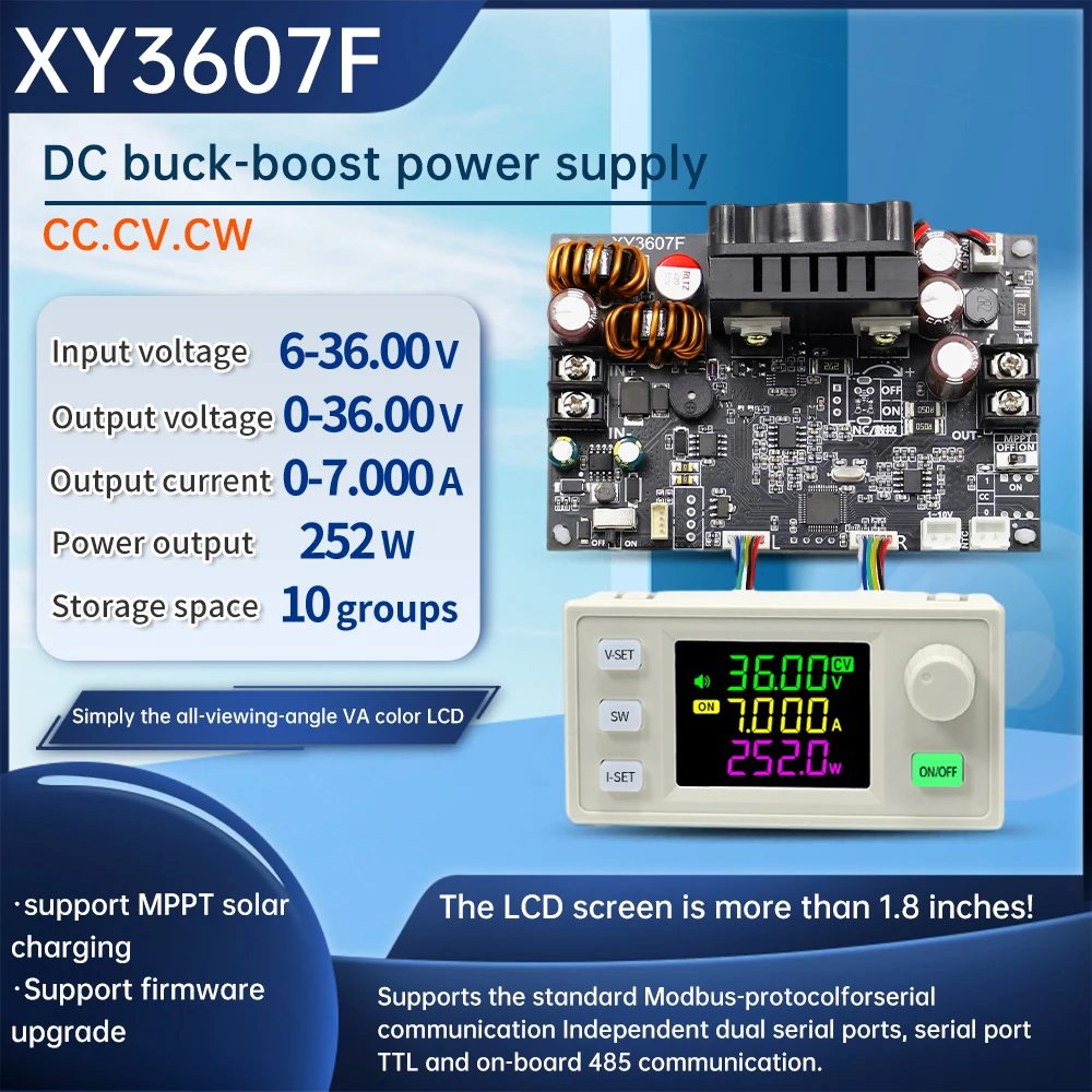 XY3607F LCD CNC Adjustable DC Voltage Regulator Power Supply Boost Buck Converter 252W Support MPPT Solar Charging