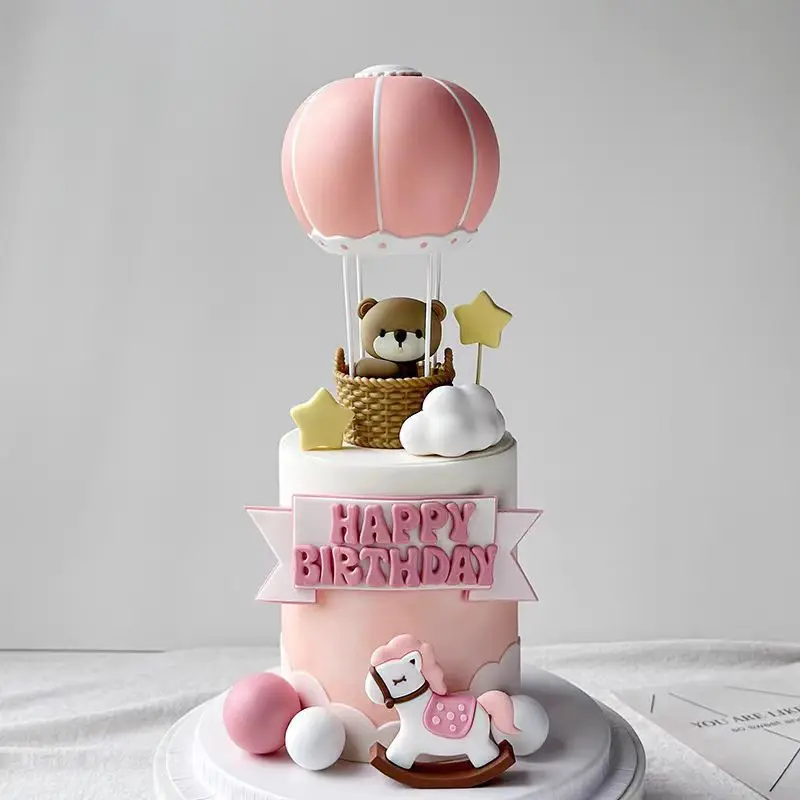 Hot Air Balloon Bear Cake Toppers Birthday Party Decoration Boy Girl Baby Shower Gender Reveal Children Cake Decoration Kid Gift