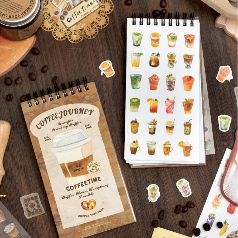 48pcs Coffee Landscaping Sticker Book for Scrapbooking Office Stationery Handbook Phone Case Notebook Decoration Gift