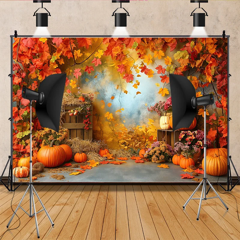 

Halloween Day Theme Photography Backdrops Props Wagon Flowers Fall Scene With Pumpkin Patch Door Photo Studio Background HW-02