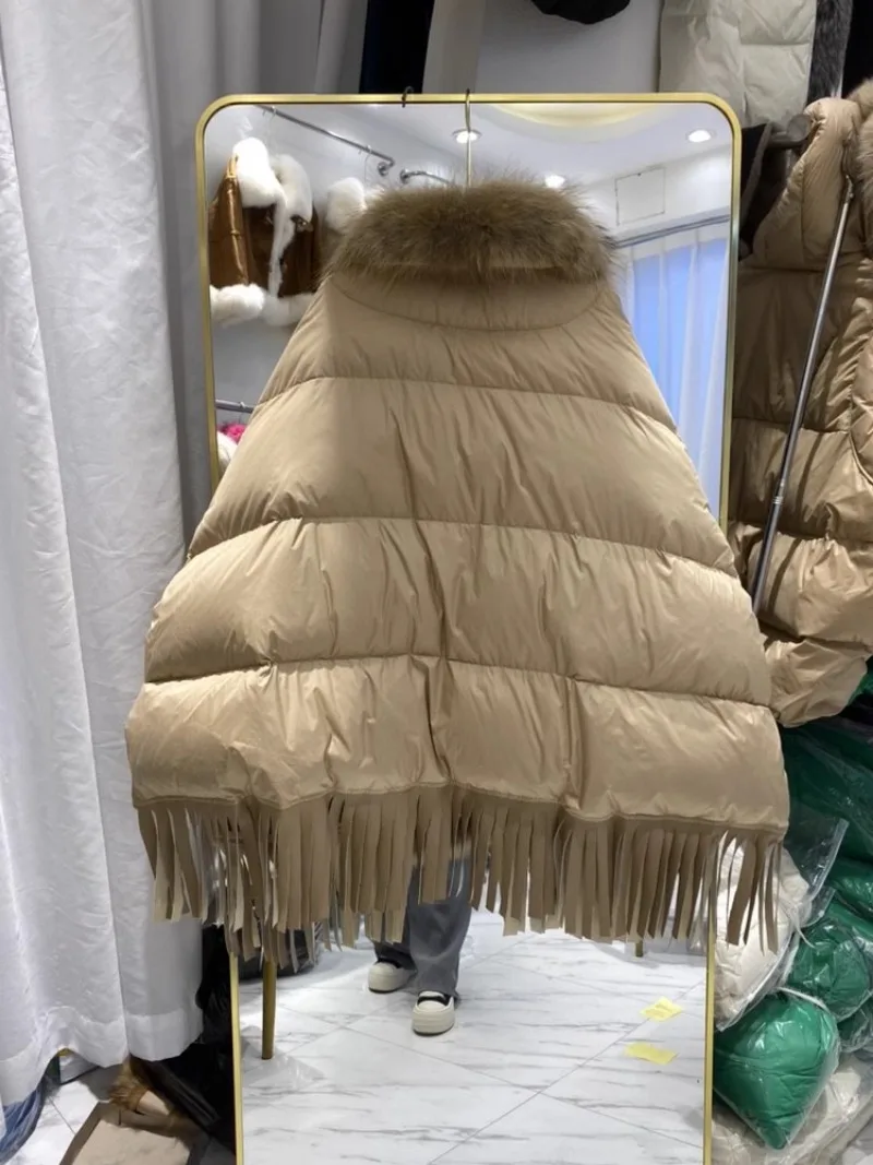 2024 European Version Winter White Duck Down Fringed Down Jacket Medium and Long Real Fur Collar Fur Cloak Loose Coat For Women