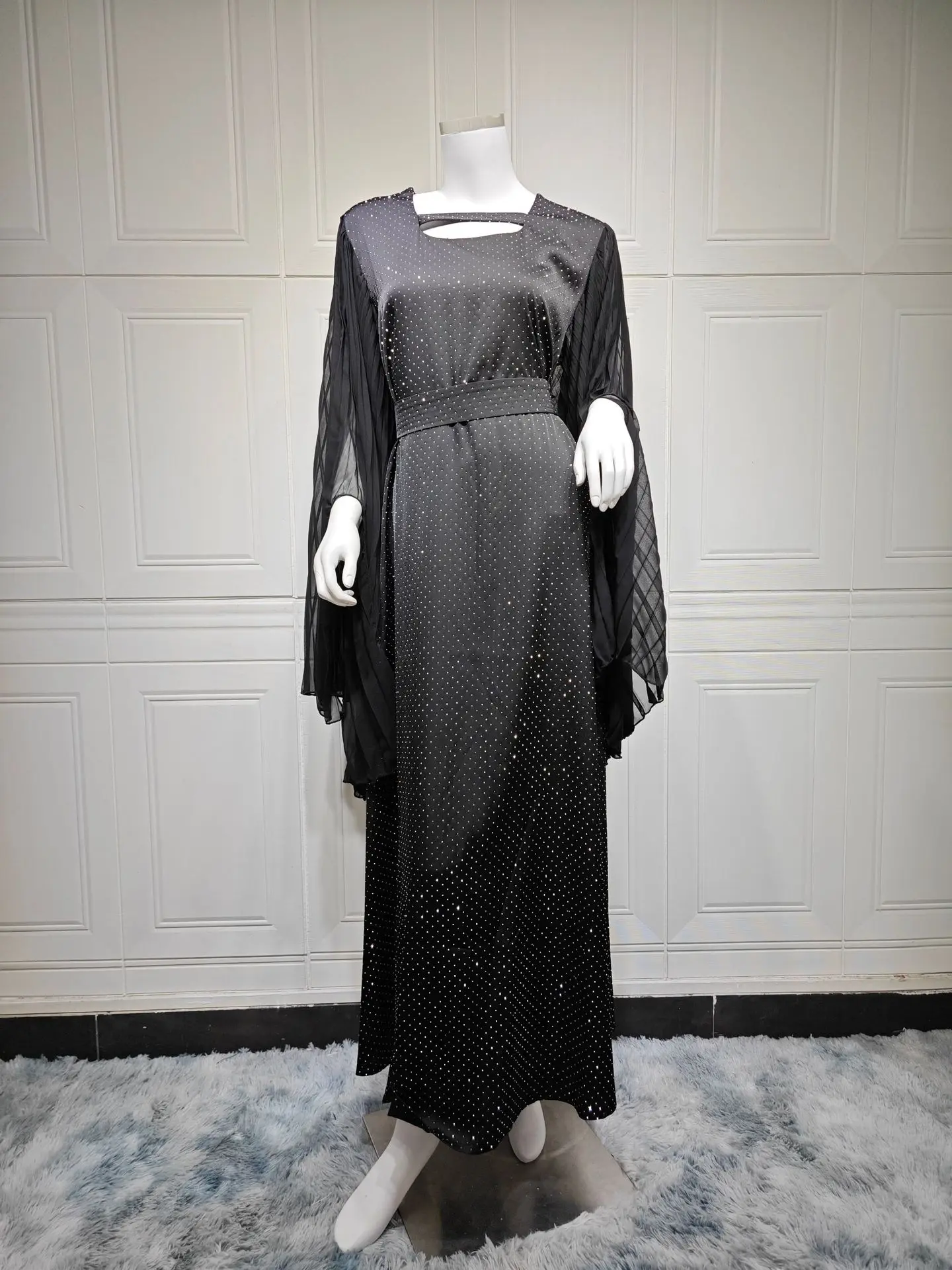 Moyen-Orient mode musulmane femmes diamant noir clouté décontracté à la mode élégant à manches longues cheville longueur robes vêtements féminins