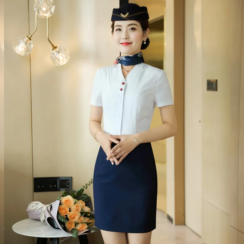 New summer flight attendants professional dress women's white shirt uniform suit shirt skirt stewardess aviation clothing