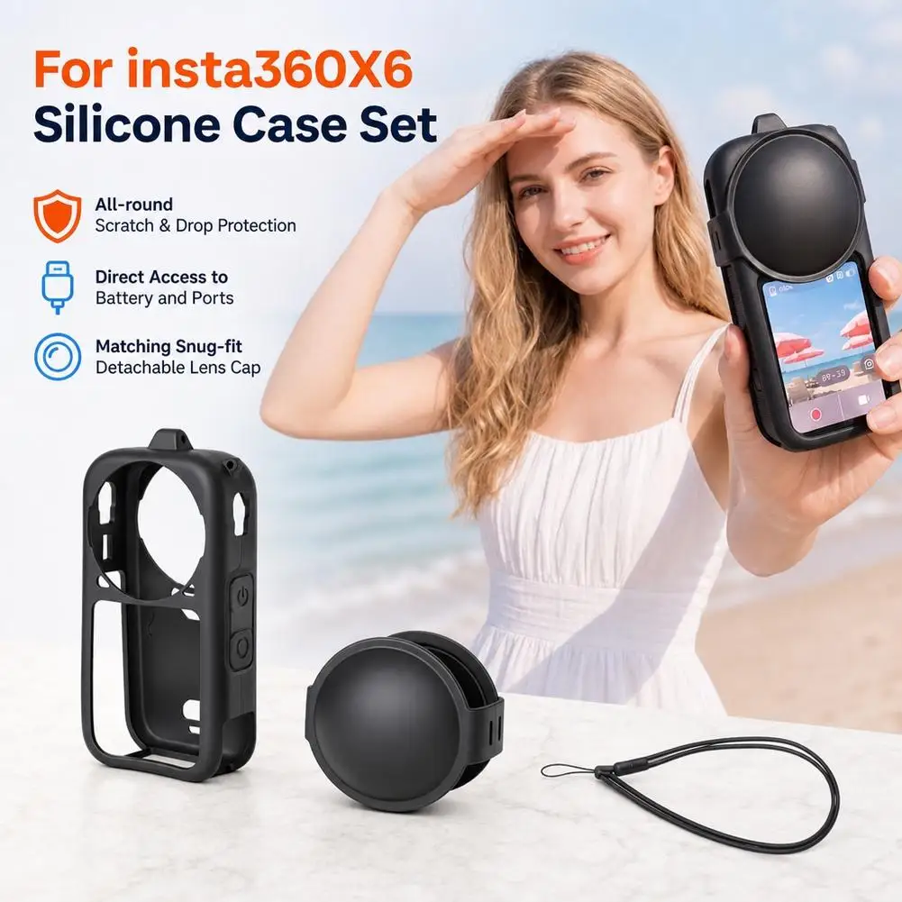 Silicone Protective Case Set for Insta360 X6 Action Camera With Lens Cap Neck Lanyard Camera Sleeve Cover Accessories