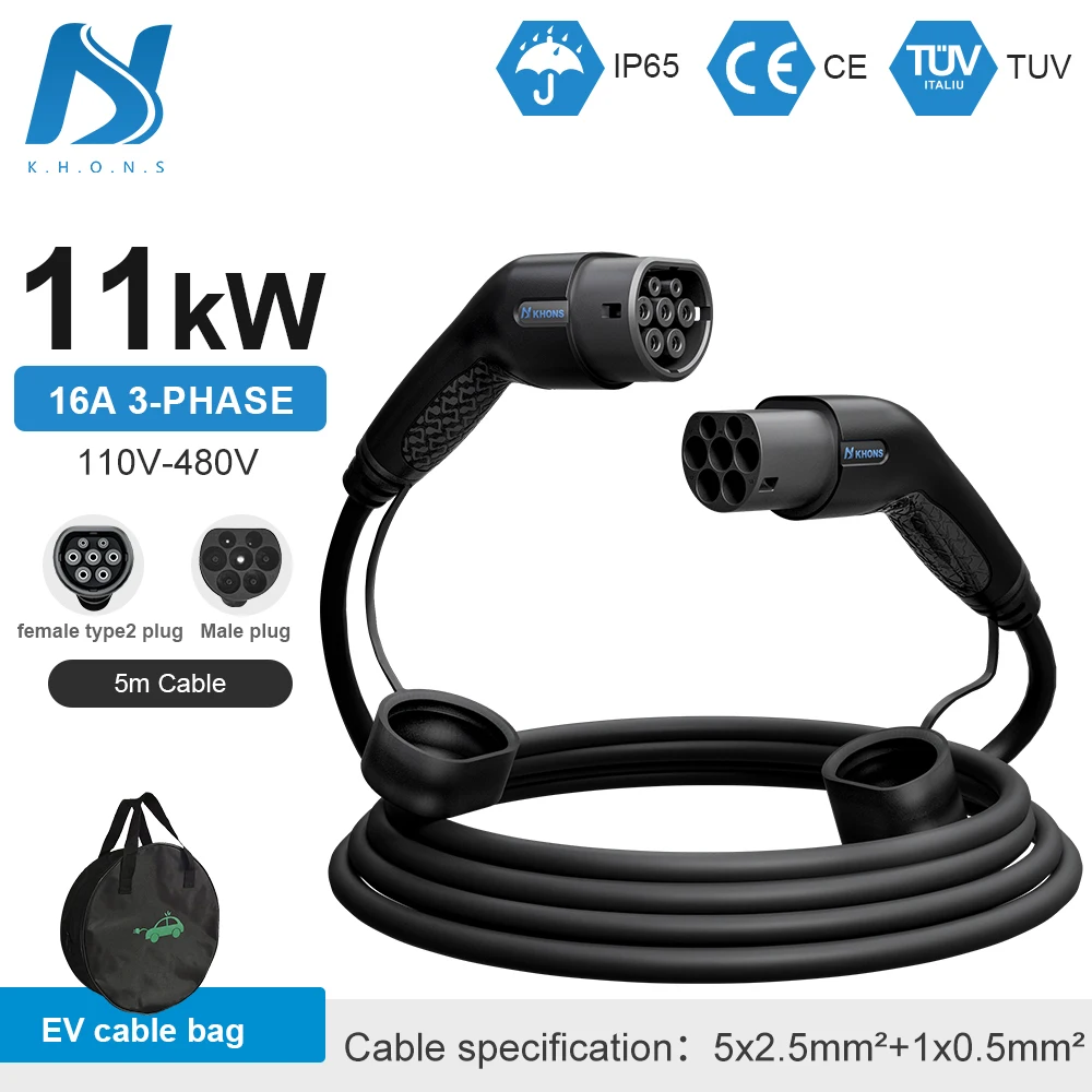 Khons Type2 Naar Type2 Ev Oplaadkabel 3 Fase 16A Vrouw Naar Man Plug 5M Kabel 11kw IEC62196-2 EVES Laadstations
