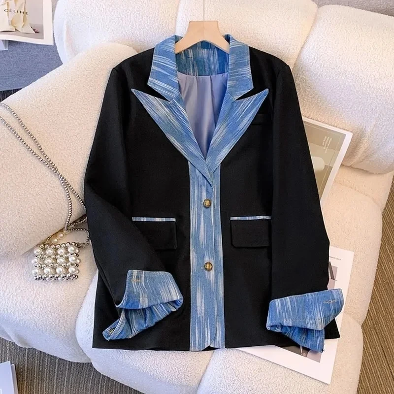 Autumn New Women Retro Stitching Denim Blazer Fashion Korean Long Sleeve Blazer Female Casual Office Business Suit Jacket Female