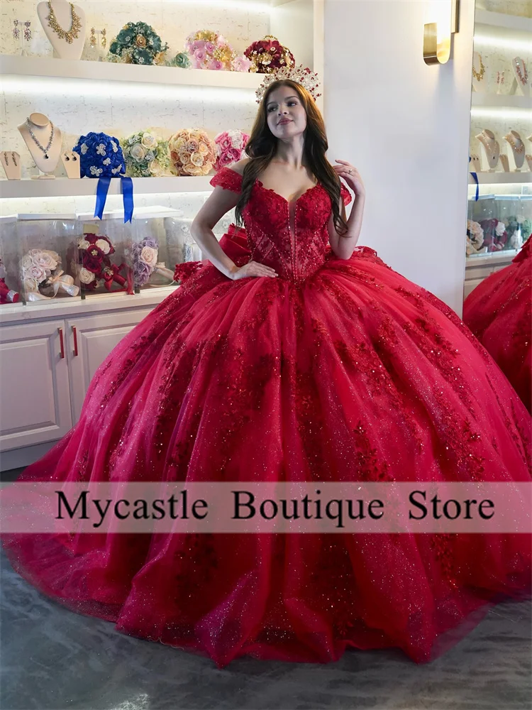 

Red Lace Appliques Beaded Quinceanera Dresses 2025 Crystal 3D Flower Bow Sweet 16 Dress Vestido De 15 Quinceanera Customized