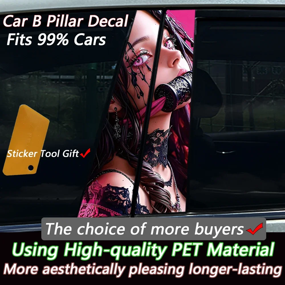 2PCS Anime Pink Colour Girl Car B Pillar Sticker Waterproof Sexy Vinyl Decal Auto Window Decor Exterior Accessories
