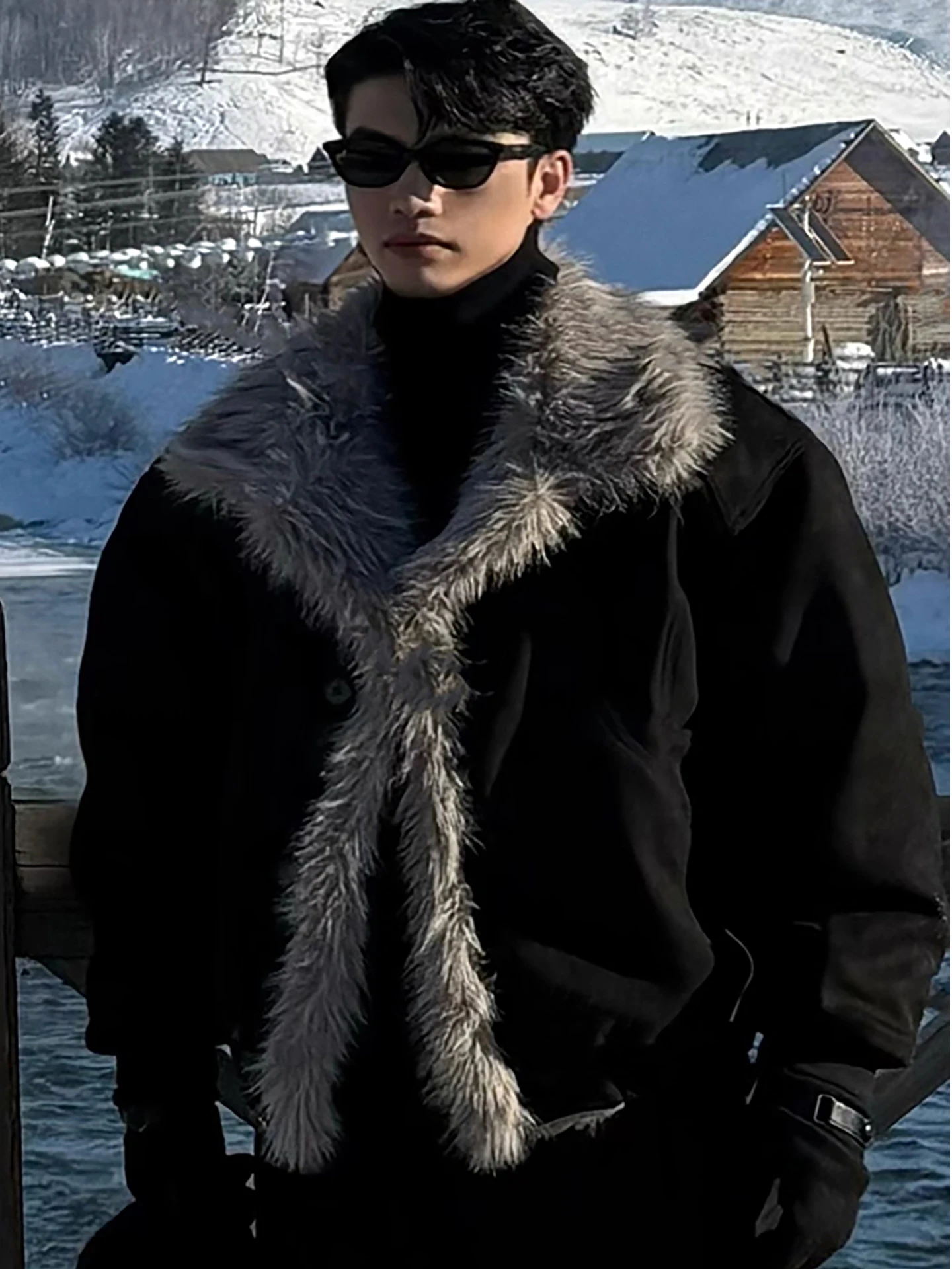 

American Sle Thiened down Jaet with Large Fur Collar Ci Casual Urban Men's Warm Coat ort Sle Button Closure