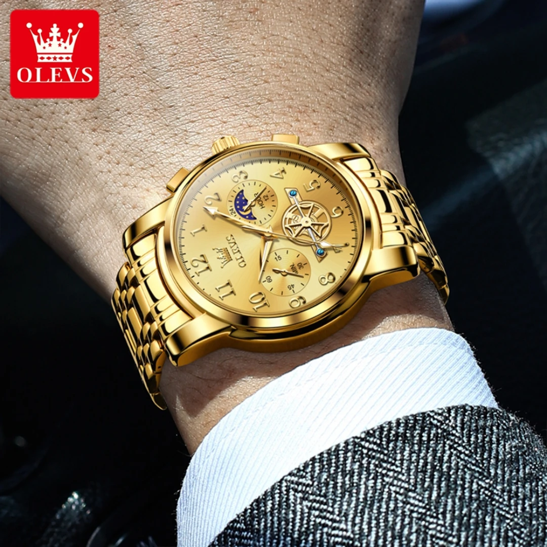 OLEVS Stainless Steel Quartz Watch, Moda Pulseira, Round-Dial Chronograph, Luminous Gift, 2903