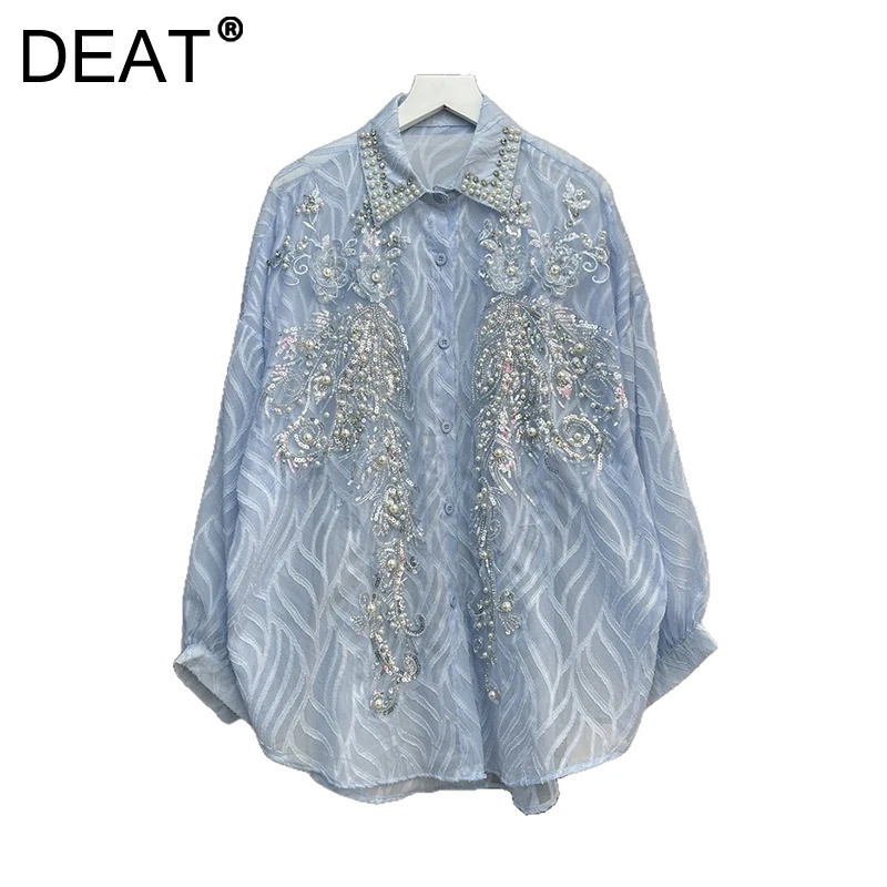 DEAT Women's Shirt Pearls Beading Sequins Diamonds Loose Perspective Thin Single Breasted Blouse Spring 2025 New Fashion 29L9417