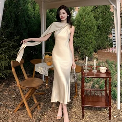 Ribbon Halter Dress Woman Elegant Off Shoulder Satin Long Dress Women Backless Sexy Evening Dresses Summer Party Dresses Women